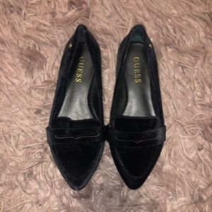 black suede point toed flats